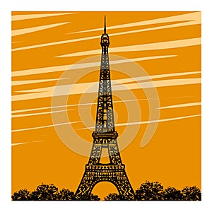 Silhouette of eiffel tower in paris with evening sunset
