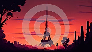Silhouette of Eiffel Tower, Viewed from a Distance at Dusk, with a Pink and Orange Sky in the Background, Made with Generative AI