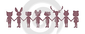 Silhouette of eight children holding hands, with animal heads, isolated on white background