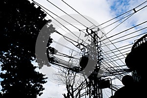 Silhouette, electric pole with have one transformers