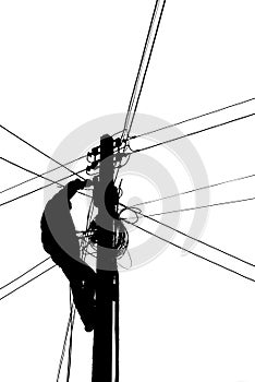 Silhouette Electricians climb electric poles for connecting cables