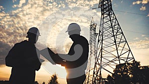 silhouette of an electricians engineers working next to an electrical support tower energy. electricity high teamwork