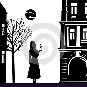 Silhouette elegant girl with cup of coffee, city, autumn, buildings, mood, black color. Vector illustration