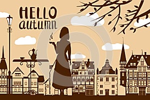 Silhouette elegant girl with cup of coffee, lettering Hello Autumn, cafe table, tree, city houses. Vector illustration