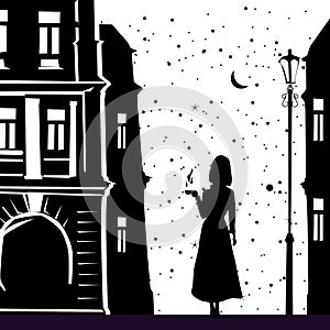 Silhouette elegant girl with cup of coffee, night city, autumn, buildings black color. Vector illustration