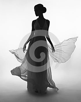 Silhouette elegant woman in blowing dress