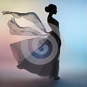 Silhouette elegant woman in blowing dress