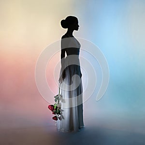 Silhouette elegant woman on colors background