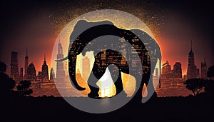 Silhouette of Elephant in City, Trunk Up, Made with Generative AI