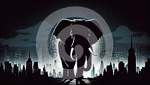 Silhouette of Elephant in City, Trunk Up, Made with Generative AI