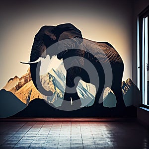 Silhouette of Elephant on Mountain, Trunk Up, Made with Generative AI