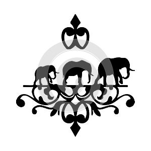 Silhouette of elephants family, ornate, on white background,