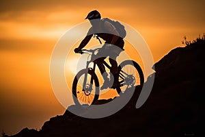 Silhouette of Enduro Cyclist Riding the Mountain Bike on the Rocky Close-up of Bicycle Active Lifestyle Concept