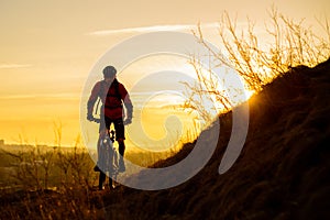 Silhouette of Enduro Cyclist Riding the Mountain Bike on the Rocky Trail at Sunset. Active Lifestyle Concept. Space for Text.