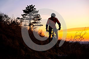 Silhouette of Enduro Cyclist Riding the Mountain Bike on the Rocky Trail at Sunset. Active Lifestyle Concept. Space for Text.