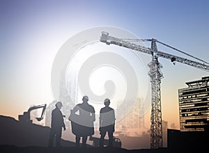 Silhouette engineer in a building site over Blurred constructio