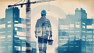 Silhouette of engineer on construction site with double exposure of building