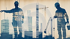 Silhouette of engineer on construction site with double exposure of building