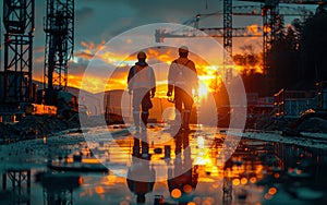 Silhouette engineer looking construction worker in building site over Blurred construction worker on construction site