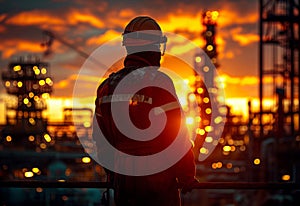 Silhouette of engineer looking forward with oil refinery industry plant in the background