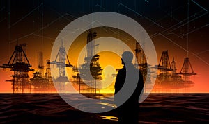 Silhouette of engineer looking at oil derricks at sunset. Concept of oil industry.