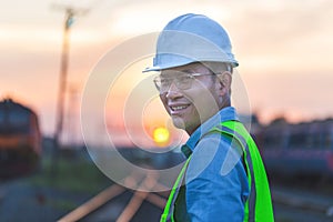 Silhouette of Engineer man in waistcoats and hardhats in construction site