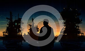 Silhouette of engineer standing on the oil rig and industry night background