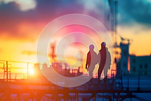 Silhouette of engineer and worker on building construction site at sunset in evening time.