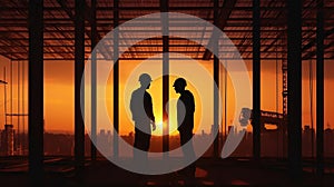 Silhouette of Engineer and worker on building site, construction site at sunset in evening time. Generative Ai