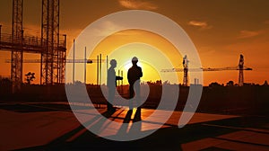 Silhouette of Engineer and worker on building site, construction site at sunset in evening time. Generative Ai