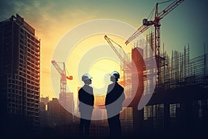 Silhouette of engineer and worker on building site at sunset