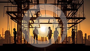 silhouette of engineer and worker working on construction site at sunset