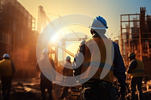 silhouette of engineer and worker working on construction site at sunset, engineer and construction team working at site over