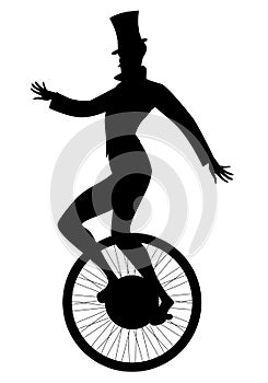 Silhouette of equilibrist dressed in the old fashion, wearing top hat, balancing on unicycle, isolated on white background