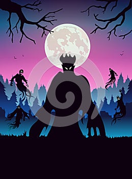 Silhouette of evil spirit flying on forest at full moon night.