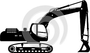 Silhouette of Excavator Icon in Flat Style. Vector Illustration