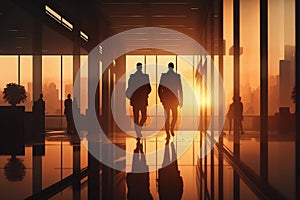 Silhouette of executives walk through the corridors at sunset