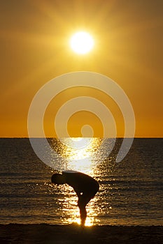 Silhouette Exhausted Man Resting Sea Sun Profile