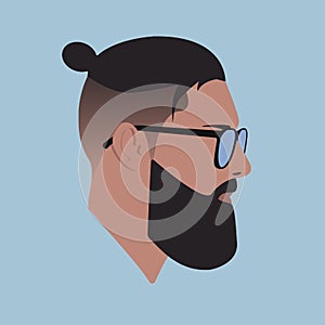 Silhouette. Face. Guy with glasses. Male head in glasses with top knot hair on blue background. Man Flat colored illustration.