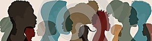 Silhouette face head in profile ethnic group of black African and African American men and women. Racial equality and justice