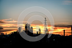 Silhouette factory with dramatic sky background,petrochemical plant area with beautify sky at sunset