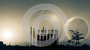 Silhouette of factory at sunset.Fantasy world.Image of earth planet. Elements of this image are furnished by NASA