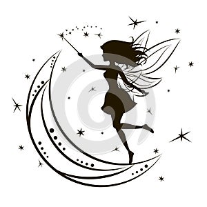 Silhouette of fairy with moon and stars