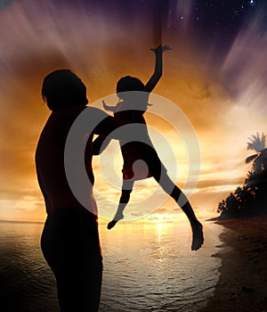 Silhouette family of child hold on father hand