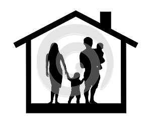 Silhouette of a family with children in the house, vector illustration.