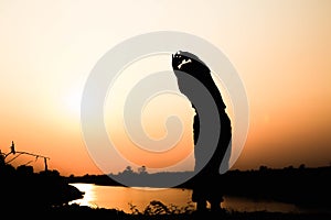 Silhouette of a family comprising a father, mother and two children happy family the sunset.Concept of friendly