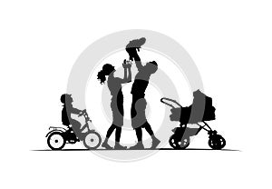 Silhouette of family with cradle baby-carriage and kid on bike