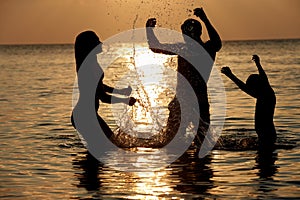 Silhouette Of Family Having Fun In Sea On Beach Holiday