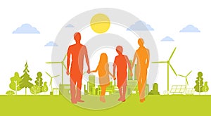 Silhouette Family Holding Hands Green City With Wind Turbine Clean Nature Ecology Environment Concept