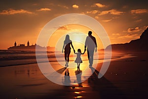 Silhouette of family holding hands and walking on the beach at sunset, Happy family on sandy beach near sea at sunset, AI